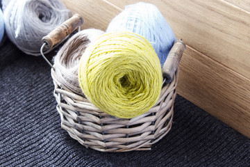 Balls of wool yarn in a wicker basket. Threads for needlework.