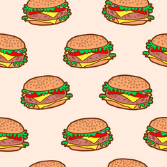 Vector seamless pattern with colorful bright tasty burgers. Fast food background.