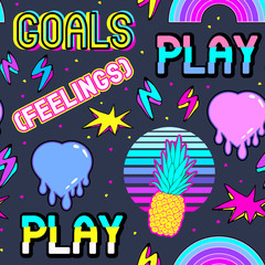 Colorful seamless pattern with patches, stickers, badges, pins with pineapples, hearts, and other elements, words "goals", "feelings", "play", etc. Dark background.