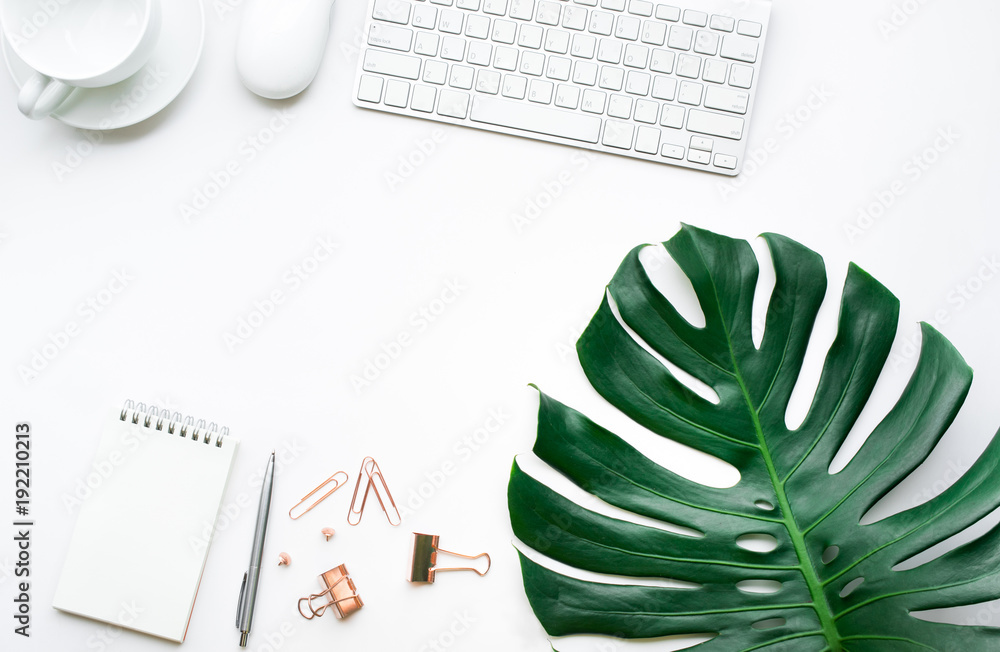 Wall mural top view of business desk table with monstera leaves and mock up accessories on white background.fla