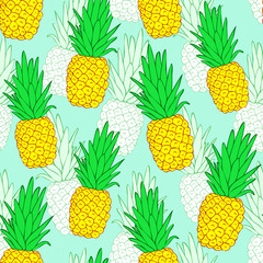 Tropical seamless pattern with exotic pineapples. Green background. Vector backdrop. Modern cartoon style.