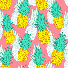 Tropical seamless pattern with exotic pineapples. Red background. Vector backdrop. Modern cartoon style.