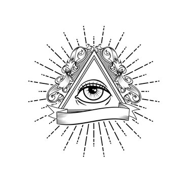 Tattoo pattern design with stylized eye and decorate text.