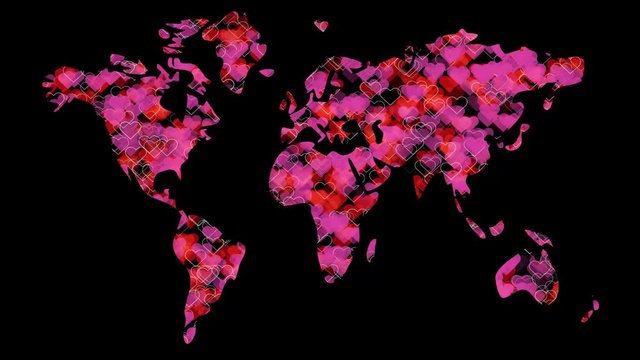 Map of the world created from moving  heart symbols. Isolated on white. Lot of love signs, romantic concept. Animated background fo Valentines day. With alpha channel.