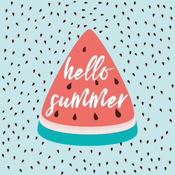 Hello Summer inscription on the background of watermelon with stones on light blue