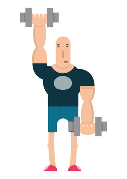 a male weightlifter lifts a heavy dumbbell,the guy lifts the barbell,cartoon character, vector image, flat design