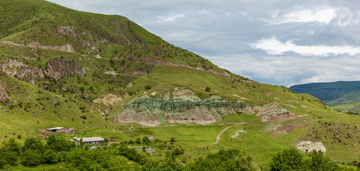 Unusual rocks of green color. Green Mountains.