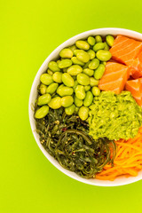 Hawaiian Style Raw Salmon Sashimi Poke Bowl With Edamame Beans And Seaweed