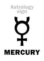 Astrology Alphabet: MERCURY, classic minor mental planet. Hieroglyphics character sign (single symbol).