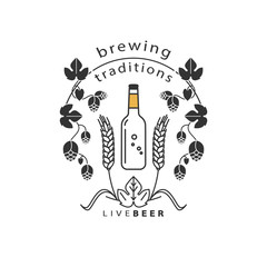 A bottle of beer and a frame made from hops and wheat. Vector line icon with traditional ingredients of brewing. Sign for the brewery, restaurant, menu.  Set of isolated elements.