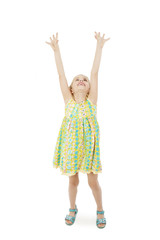 Cute girl trying to catch something, isolated on white background