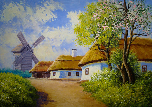Rural oil paintings landscape, river,  village, house