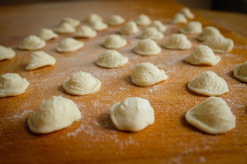 Typical Apulia region fresh pasta called orecchietta made of durum wheat semolina
