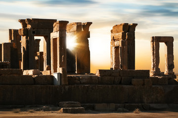 Sunrise in Persepolis. Iran. Ancient Persia. Sunrise and sunset background.