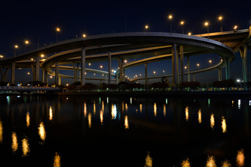 Naklejka na ściany i meble The Industrial Ring Bridge or Mega Bridge,at dusk in Thailand.The bridge located at Bangkok harbor.