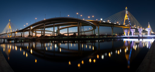 The Industrial Ring Bridge or Mega Bridge,at dusk in Thailand.The bridge located at Bangkok harbor.