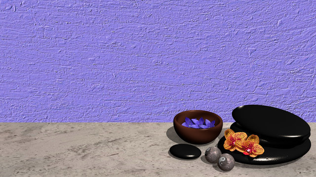 Schale mit Blüten, ein Steinhaufen aus Bimssteinen, Chinesische Qi Gong-Kugeln und Orchideenblüten auf lila Hintergrund. 3d render