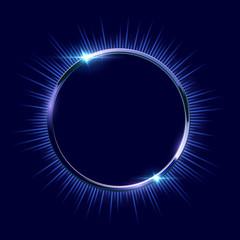 Vector blue shiny ring frame on dark blue background.  