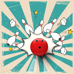 Naklejka premium Vector realistic bowling ball on pop art background. Bowling strike.