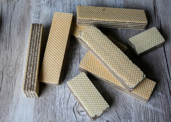 Sweet russian waffles on wooden background. Traditional sweets and dessert.