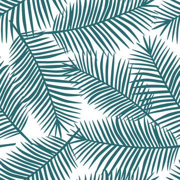 blue palm leaves on a white background exotic tropical hawaii seamless pattern vector