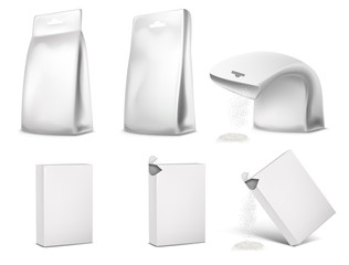 Vector illustration of blank white packaging, package design. Template of sachet, empty mockup of box, bag, pouch for food, cleaners. Opened, closed containers. Concept for advertising promotion.
