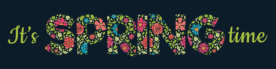 Beautiful Spring text with hand dawn flowers. Vector. © Karolina Madej