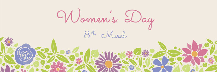 Women's Day - card with hand drawn flowers and wishes. Vector.