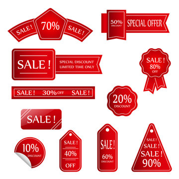 Set of red discount tickets, labels, stamps, stickers, corners, tags .vector.  eps 10.