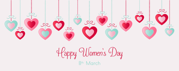 Happy Women's Day - panoramic banner with hanging papert cut hearts. Vector.