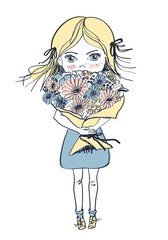 Little freckles girl with big bouquet of flowers, vector illustration