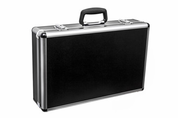 Black padded aluminum briefcase case with metal corners isolated on white
