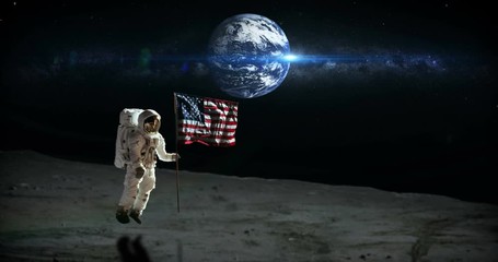 Flying Past Sun to on Moon with Astronaut Jumping with American Flag some elements furnished by NASA images