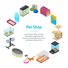 Accessories for Domestic Pets Banner Card Circle Care Animal Isometric View. Vector