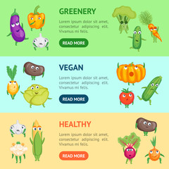 Obraz premium Cartoon Fresh Healthy Vegetables Characters Banner Horizontal Set. Vector