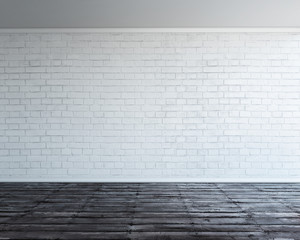 3d rendering illustration of big modern empty room with white brick wall and rough wooden floor. Underground showroom.