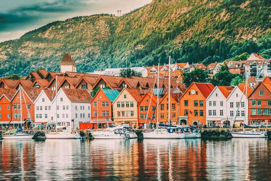 Bergen, Norway. View Of Historical Buildings Houses In Bryggen - Hanseatic Wharf In Bergen, Norway. UNESCO World Heritage Site.