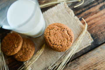fresh oatmeal cookies and milk on wooden background with spikes of oats