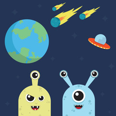Fototapeta premium Two cute aliens destroyed Earth