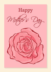 Happy Mothers Day greeting card. A beautiful realistic rose on a pink background. Congratulatory inscription. Vector illustration