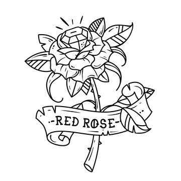 Tattoo red rose with blue gem inside. Passion love. Black and white illustration
