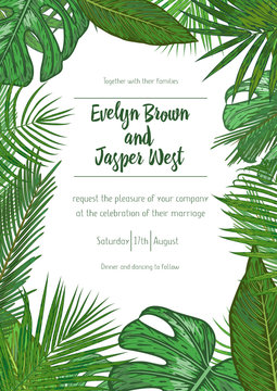 Wedding event invitation card template. Exotic tropical jungle rainforest bright green palm tree and monstera leaves border frame on white background. Vertical portrait aspect ratio