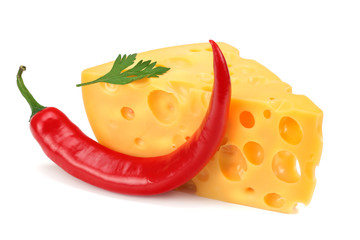 piece of cheese with chili pepper isolated on white background