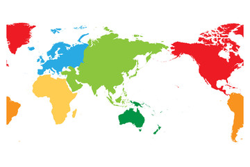 World map divided into six continents. Asia and Australia centered. Each continent in different color. Simple flat vector illustration.