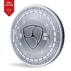 Nem. Crypto currency. 3D isometric Physical coin. Digital currency. Silver coin with Nem symbol isolated on white background. Block chain. Vector illustration.