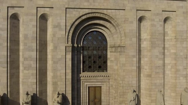 Drone filming ancient Mesrop Mashtots institute of ancient manuscripts, Armenia