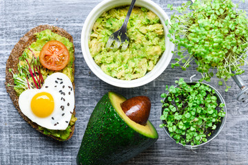 bruschetta with avocado microgrin, quail eggs and Adyghe cheese and mozzarella