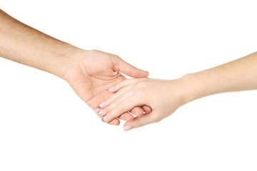 Female and male hand holding each other on white background
