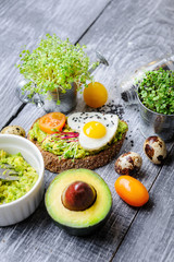 bruschetta with avocado microgrin, quail eggs and Adyghe cheese and mozzarella