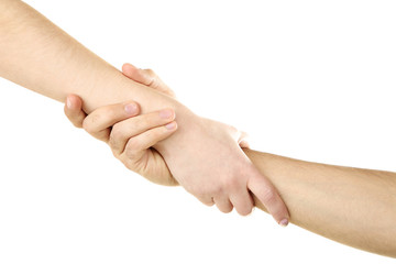 Fototapeta premium Female and male hand holding each other on white background